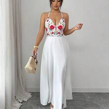 V-Neck Backless Tie-Up Hem Slit Waist Flattering Floral Print Dress, Elegant Casual Vacation Holiday Outfit - Verde - Ver 5