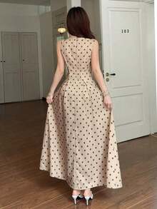 Vestido elegante sin mangas con decoración de sol de metal con estampado de lunares para mujer - Albaricoque - Ver 11