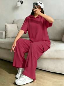Conjunto De Top Corto De Manga Larga Y Pantalón Para Mujer Con Diseño De Bloques De Color - Burdeos - Ver 1