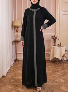 Solessence GDfashion Najma 女士黑色端庄长款阿巴雅，撞色滚边和袖口细节，伊斯兰休闲长袖连衣裙，春季款 - 黑色 - 查看 2
