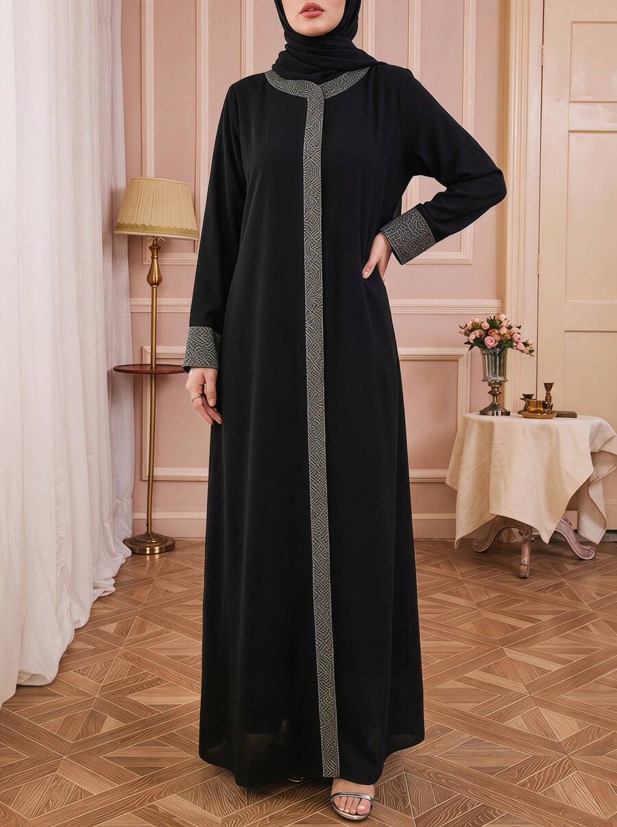 Solessence GDfashion Najma 女士黑色端庄长款阿巴雅，撞色滚边和袖口细节，伊斯兰休闲长袖连衣裙，春季款