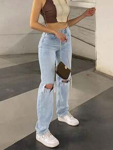 Jeans rectos de talle alto para mujer con efecto desgastado, tela delgada sin estiramiento, elegante estilo casual retro Y2K para exteriores, adecuado para primavera/verano, gris claro, nueva llegada 2026 - Lavado ligero - Ver 3