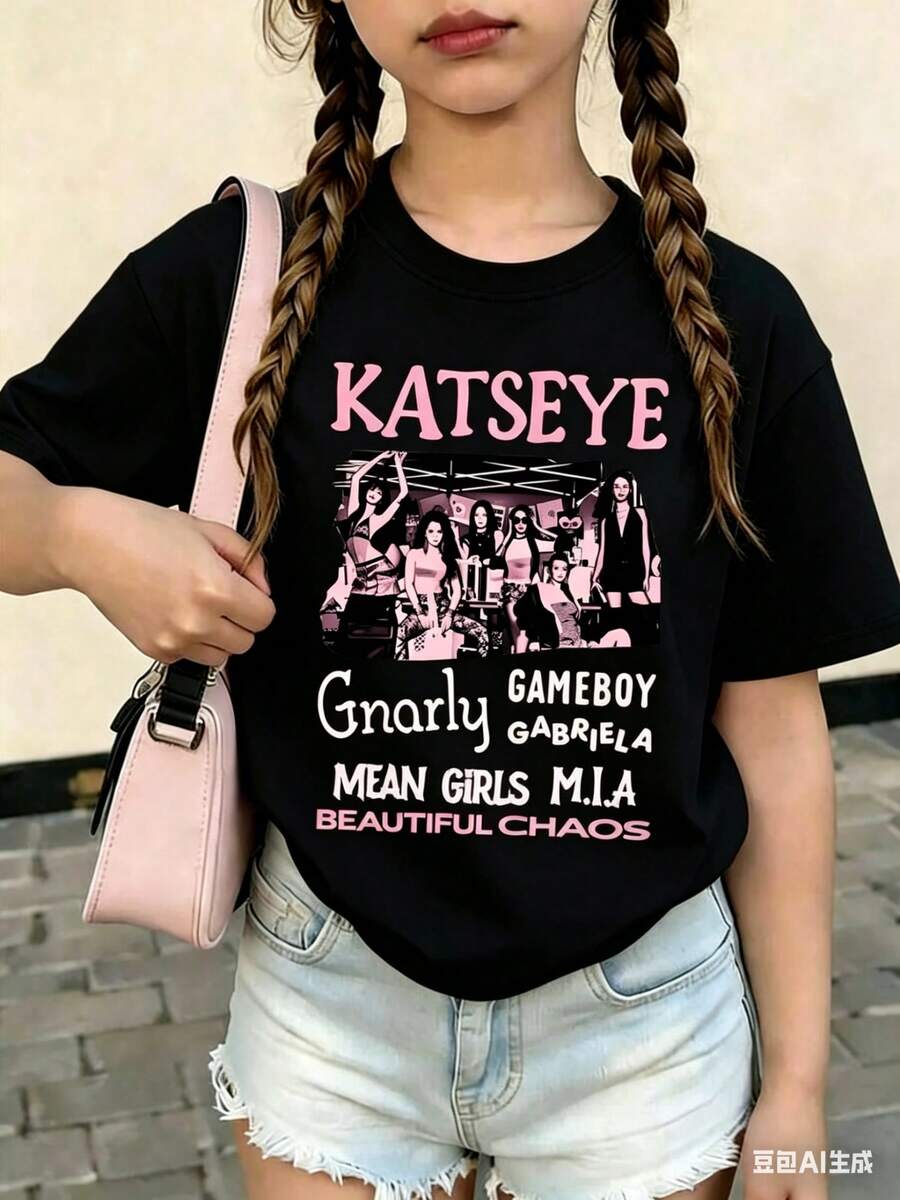 Camiseta casual de cuello redondo con estampa gráfica, para mayores, ideal para la escuela, compras, estilo callejero y uso vacacional, combina con ropa familiar - Negro - Ver 1