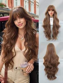 7JHH WIGS Extra Long Body Wave Brown Wig For Women 32 Inch Elegant Wavy Curly Wig With Bangs, Natural Looking Soft Fluffy Synthetic Heat Resistant Fiber Hair Wig For Daily Wear, Music Festival Party Use - 棕色 - 查看 2