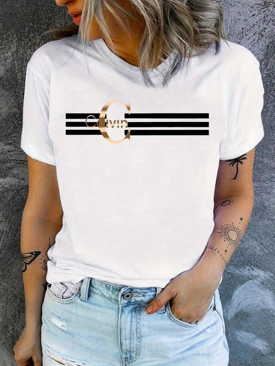 Premium Women's Casual Short Sleeve T-Shirt - Geometric Print, Round Neck, Summer Top, Breathable Stretch Fabric, Machine Washable, Versatile Casual Wear, Comfortable For Everyday Use, Modern Casual Outfit, Medium Elasticity, Loose Fit, Stretchy Material, Printed T-Shirt, Modern And Attractive Style. New Arrival - 白色 - 查看 1