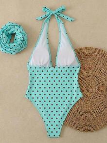Traje de baño de dos piezas de mujer con lunares sexy, diseño retorcido y asimétrico con espalda descubierta de gasa, traje de baño de una pieza para vacaciones en la playa en verano - verde menta - Ver 4