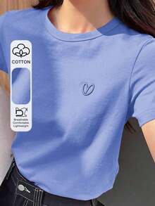 Y2K Style, Fashionable Style, Newest 2026 Style, Cute Style, Casual Style. Women's Short-Sleeved T-Shirt With Embroidered Heart And Letter Design For Valentine's Day, Casual And Work Style. 180g (S-XXXL) - 藍色的 - 查看 8
