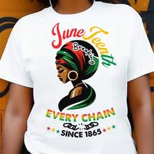 Women's Vintage T-Shirt With Juneteenth Design | "Breaking Every Chain" Design Since 1865, Bright Geometric Print, Cotton, Short Sleeves, Round Neck, Suitable For Spring/Summer And Year-Round Wear, A Perfect Gift For Friends And Family On Juneteenth. - 白色 - 查看 6