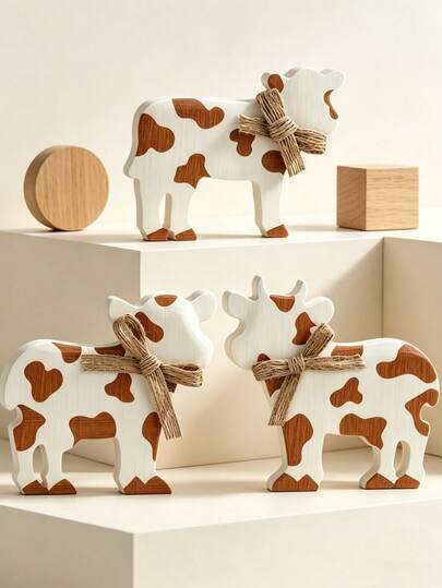 3-delige rustieke koeiendecoratieset: houten koeiensculptuur, rustieke etagère met 3 lagen, koeiensculptuur en vintage houten vierkant bord - Perfect cadeau voor een housewarming, op kantoor, op de schoorsteenmantel, op het bureau of in de boekenkast.