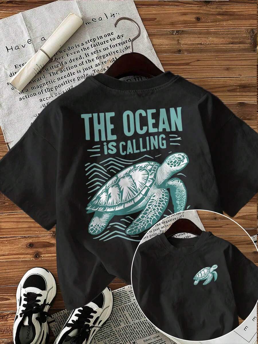Camiseta Casual de Primavera y Verano para Mujer, Estilo Fresco, con Estampado 'THE OAN IS CALLING', Cuello Redondo y Manga Corta - Negro - Ver 1