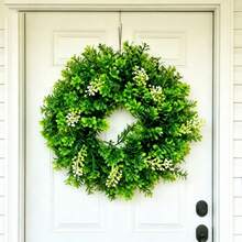 1pc All-Season Artificial Boxwood Wreath, Greenery Wreath With White Berry Accents, Farmhouse Front Door Hanging Wreath For Home Porch Wall Decor - 綠色 - 查看 5