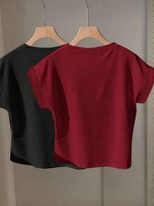 2 piezas Camiseta de cuello redondo de manga corta en negro y rojo, adecuada para el verano - Multicolor 8 - Ver 2