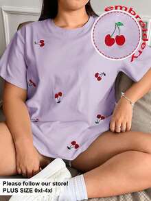 Envío gratis, entrega local enéxico, entrega en 4 días.Camiseta casual negra de manga corta talla con bordado de cerezas. - Púrpura malva - Ver 5