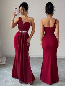 Elenzya Vestido elegante y romántico para mujer con escote asimétrico, cintura ceñida, bajo de cola de pez, decoración de perlas, adecuado para fiestas y reuniones - Burdeos - Ver 8