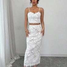 2pcs/Set Women Lace Solid Color Spaghetti Strap Lace Trim Patchwork Open Back Slit Holiday Party Elegant Glamourous Sexy Bohemian Style Vacation Summer Sleeveless Top & Skirt Set - Blanco - Ver 7