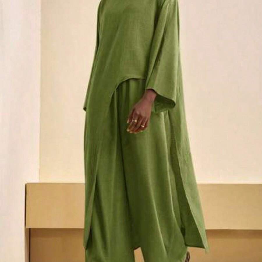 2026 Spring/Summer New Casual Commuting Loose Linen Material Brown Bat Sleeve Irregular Hem Blouse + High Waist Wide-Leg Pant Women Two Pieces Set, Suitable For Christmas, New Year, Daily Travel, Festivals, Shopping, Travel, Brunch Clothes, Airport Clothes, Party, Dates,Back To School-Z - Verde militar - Ver 1