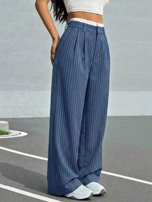 Pantalones anchos de mujer con pliegues y rayas, con cintura de bloques de color para otoño/invierno - Niebla azul - Ver 1