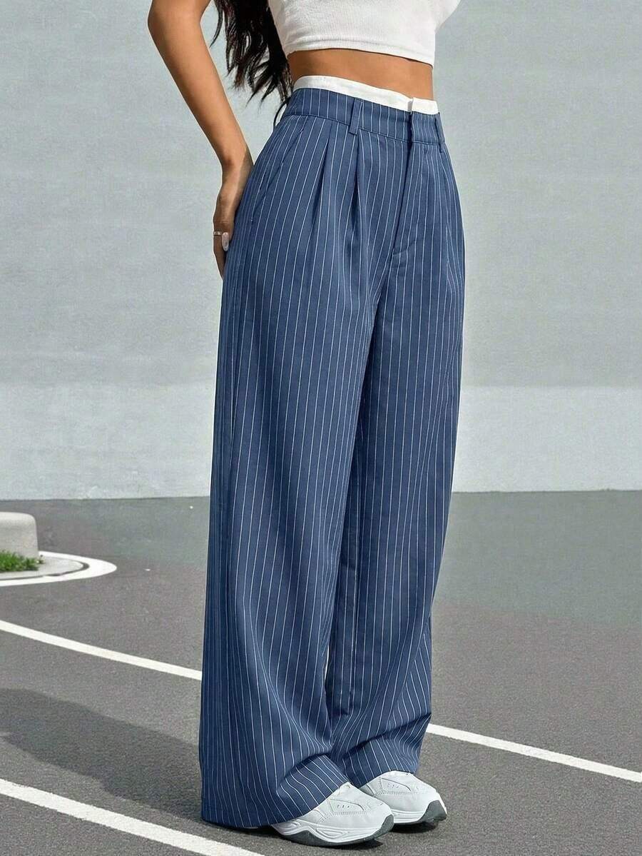 Pantalones anchos de mujer con pliegues y rayas, con cintura de bloques de color para otoño/invierno - Niebla azul - Ver 1