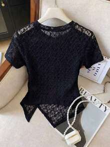 Camiseta casual de mujer de unicolor, cuello redondo, manga corta con bajo asimétrico - Negro 2 - Ver 2