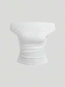 1 pieza Blusa de hombro caído plisada de moda para vacaciones - Multicolor 2 - Ver 3