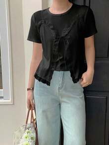 Camiseta de mujer con cuello redondo de manga corta con 2 en 1 y encaje empalmado - Negro - Ver 5