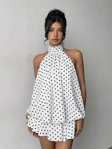 Vestido mini elegante de mujer con estampado de lunares y escote halter sin espalda - Multicolor 2 - Ver 6
