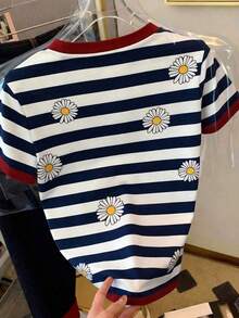 Camiseta de manga corta de cuello redondo a rayas para mujer, de uso versátil y casual para uso diario - Multicolor 12 - Ver 2