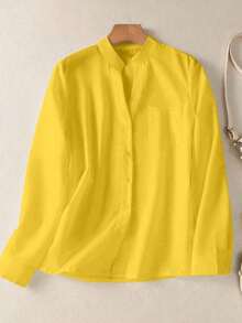 Camisa de mujer de unicolor con cuello en V y botones - Blusa casual y elegante de manga larga con detalle de bolsillo, adecuada para vacaciones, viajes y uso diario, artículo esencial para todas las estaciones, Primavera Blanco - Amarillo - Ver 3