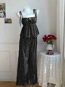 Conjunto de 2 piezas de top tipo camisola con hombros retorcidos y estampado de lunares, y pantalones de pierna ancha, para mujer, estilo casual de verano, retro y de playa - Negro - Ver 6