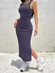 Vestido de rayas para mujer con abertura lateral y espalda descubierta - Multicolor - Ver 3