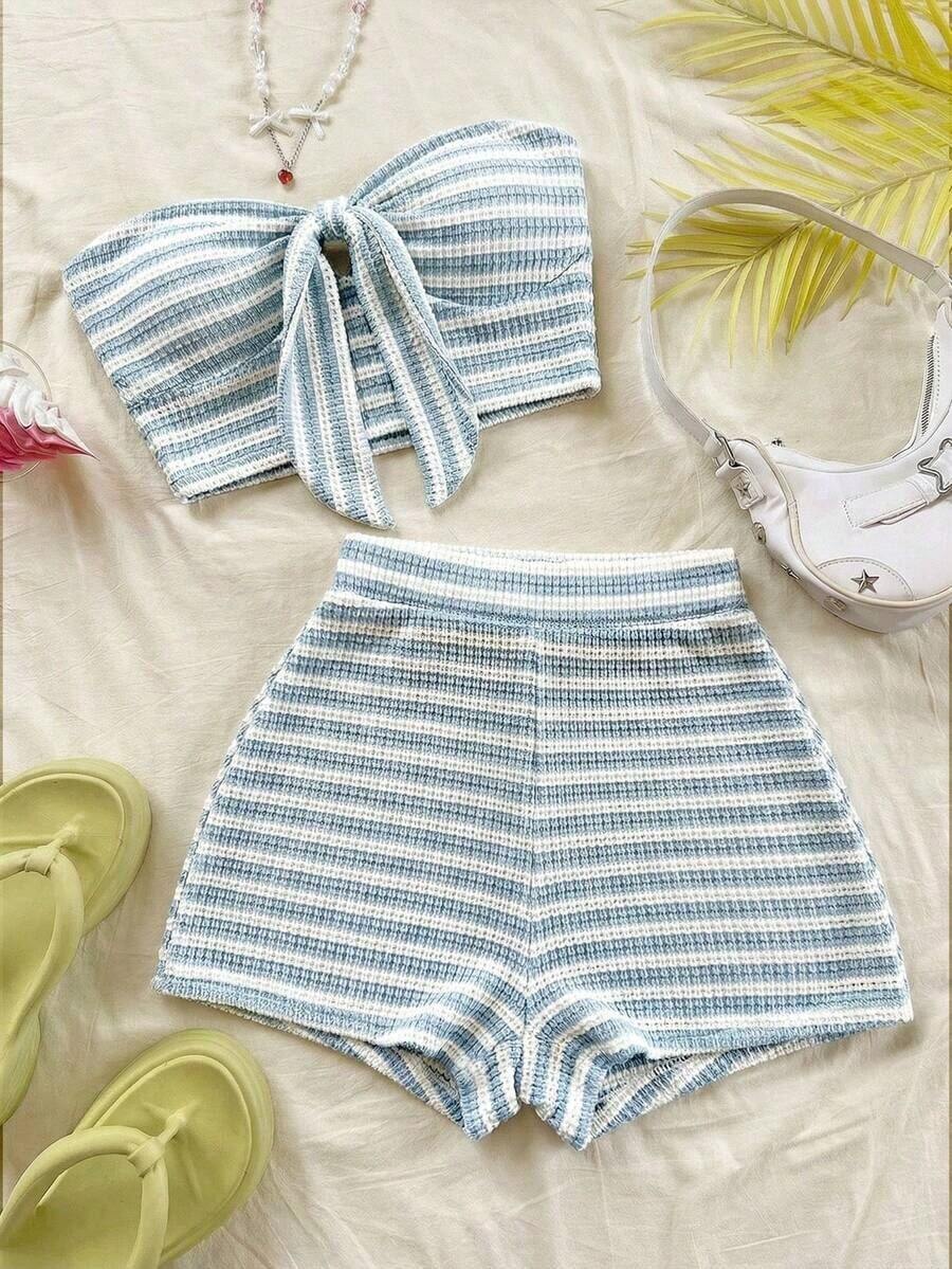 Conjunto informal de 2 piezas de top tubo corto anudado de unicolor y shorts con estampado floral para vacaciones de mujer - Multicolor 7 - Ver 1