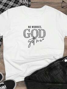 Camiseta de Mujer "God Got Me", Cuello Redondo, Cómoda, Casual, de Mezcla, Manga Corta, Suave y Transpirable, Ropa de Mujer, Camiseta de Verano y Primavera, Estilo Urbano. - Negro - Ver 9
