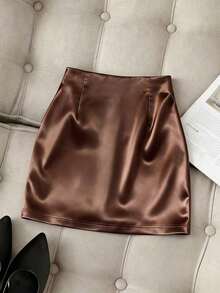 Falda ajustado plisada de cintura alta con dobladillo asimétrico brillante y elegante para mujer, primavera/verano - Marrón 2 - Ver 2
