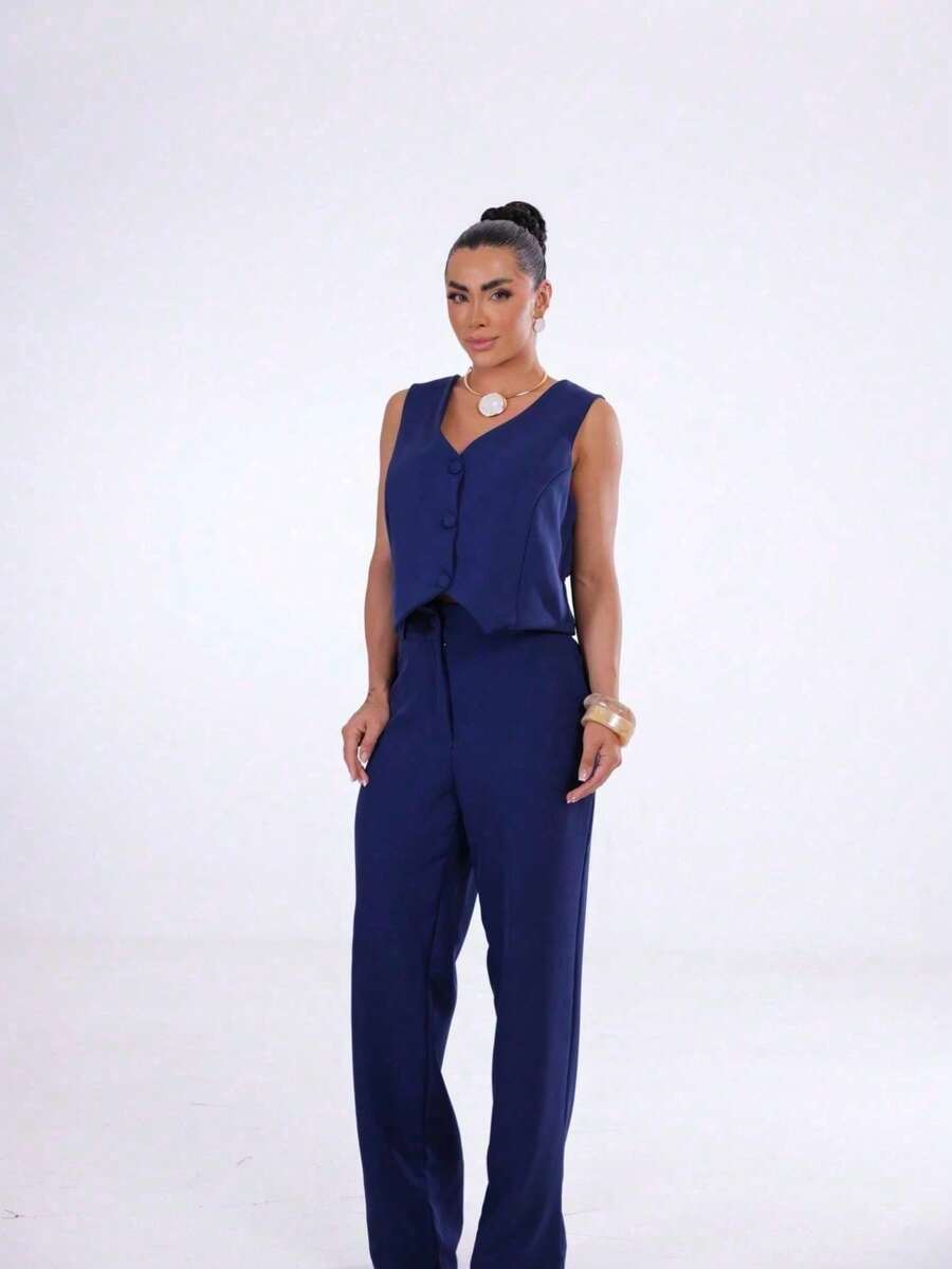 Wide-Leg Pants By Alntaria Risco Calca111114 - Navy Blue - View 1
