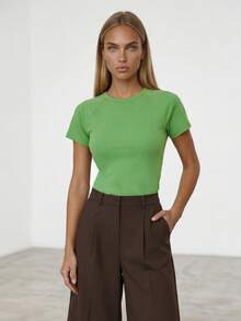 Casual Solid Color Round Neck T-Shirt, Versatile For Summer - Green - View 2
