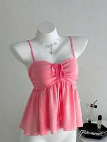 Camiseta de tirantes con volantes de unicolor lindo para damas, ropa de verano para la universidad - Rosa Fucsia - Ver 4