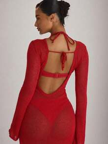Resort Maxi Vestido de Punto con Espalda Descubierta para Vacaciones, Verano, Viajes, Ropa de Playa Básica, Color Sólido, Estilo Resort Core - Rojo - Ver 2