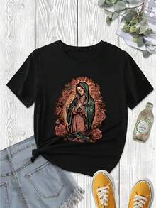 Camiseta Negra Religiosa de la Virgen María para Mujer - Top de Manga Corta con Cuello Redondo, Suave y Elástico, con Estampado Floral, Ropa Católica Modesta, Ajuste Cómodo para Todas las Temporadas, Ideal para Iglesia, Uso Diario y Eventos Religiosos - Negro - Ver 1