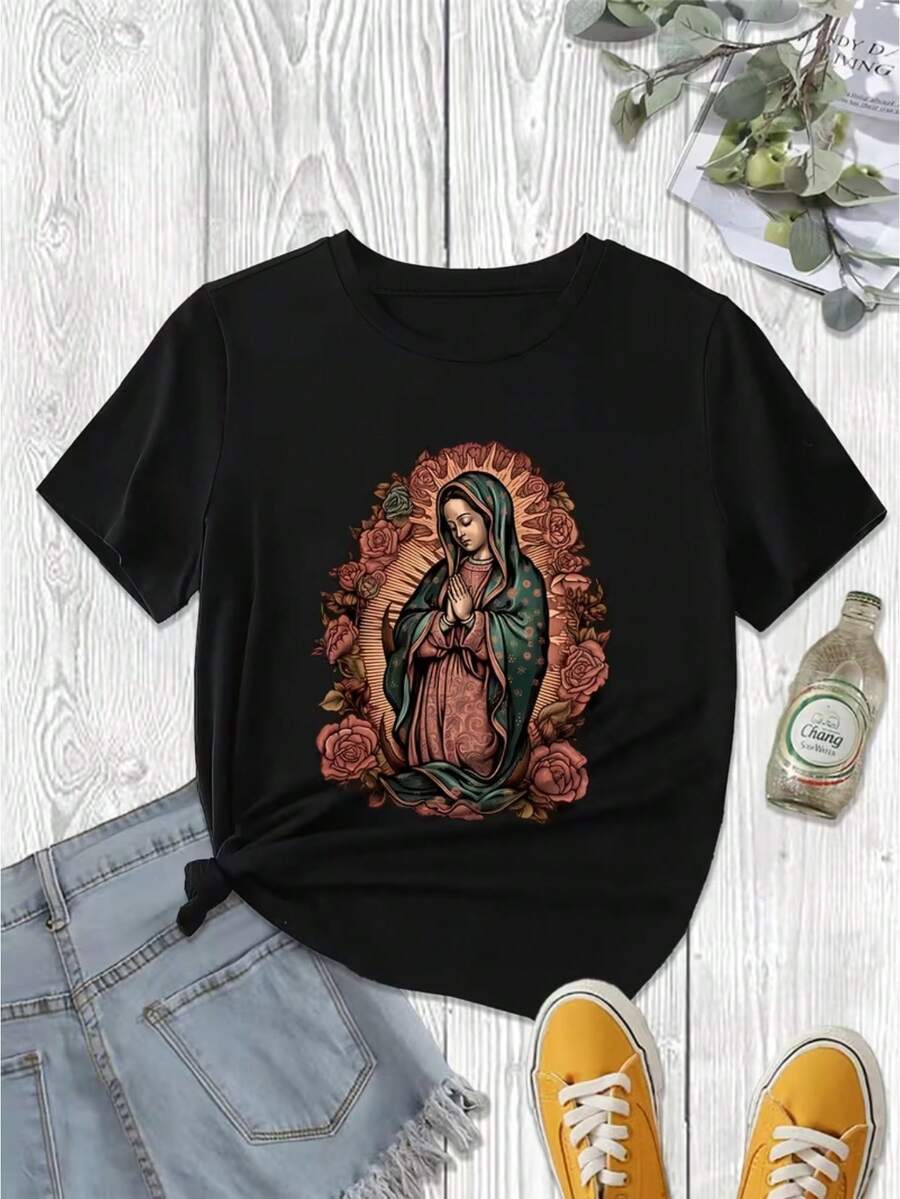 Camiseta Negra Religiosa de la Virgen María para Mujer - Top de Manga Corta con Cuello Redondo, Suave y Elástico, con Estampado Floral, Ropa Católica Modesta, Ajuste Cómodo para Todas las Temporadas, Ideal para Iglesia, Uso Diario y Eventos Religiosos - Negro - Ver 1
