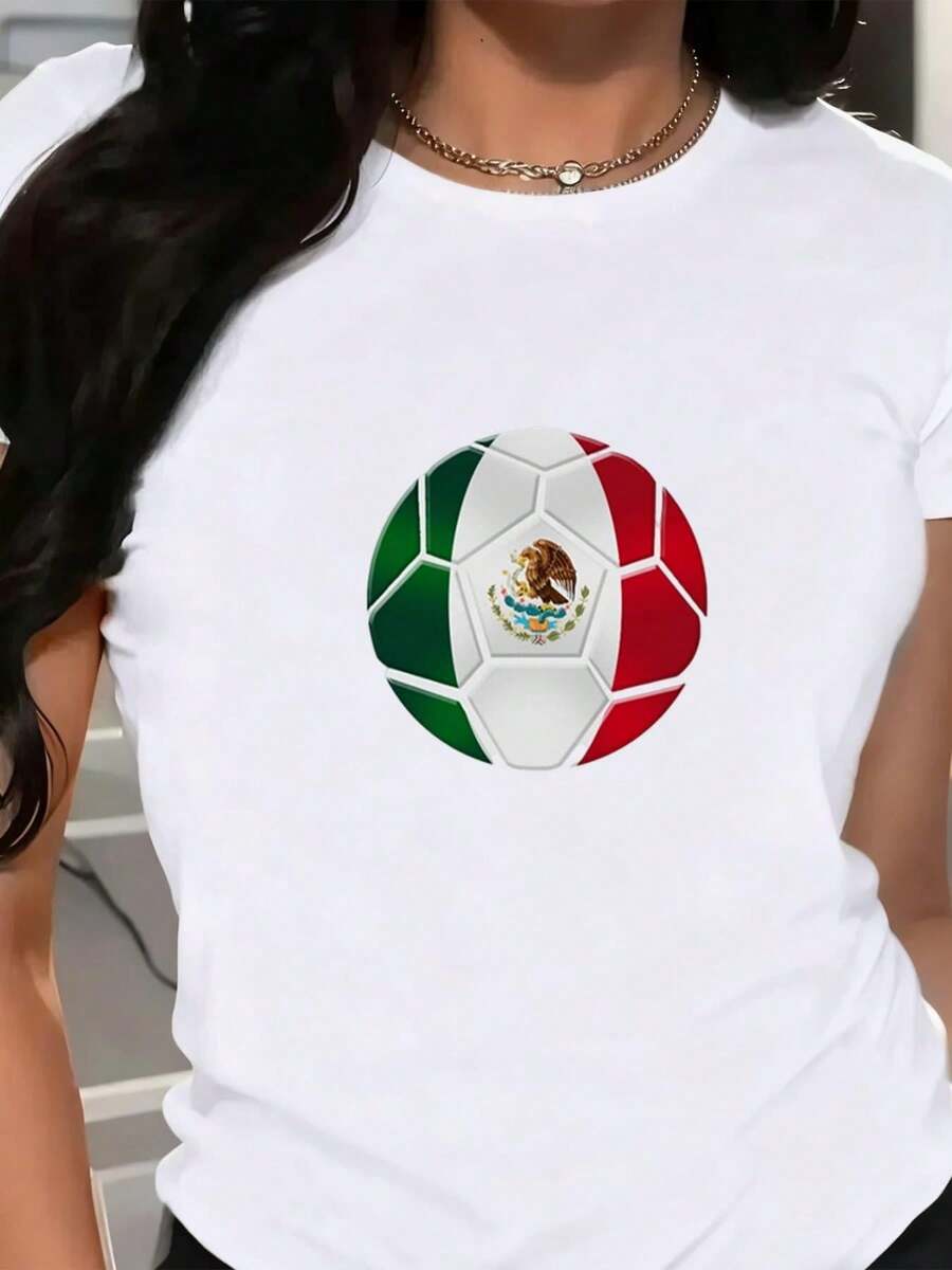 Camiseta de mujer con camiseta blanca de manga corta de fútbol de bandera mexicana patrón de camiseta de edición regular camiseta transpirable, suave y cómoda tela cómoda para cuatro estaciones con blusa casual de cuello redondo para uso diario - Blanco - Ver 1