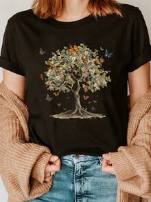 Camiseta suave 100% algodón con estampado de mariposas y letras, manga corta, cuello redondo, top casual para verano y primavera, ropa de mujer, camiseta de algodón transpirable, combina con todo, genial. - Negro - Ver 7
