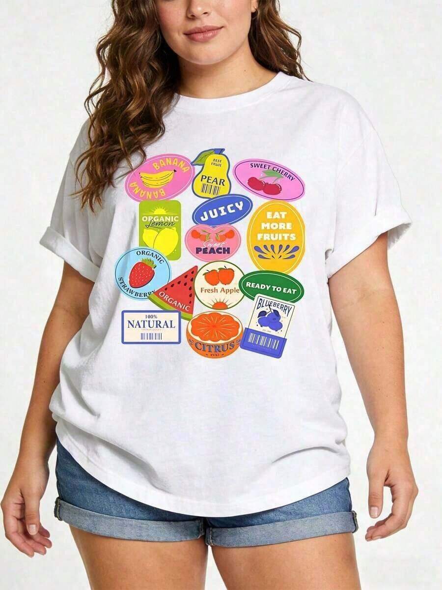 Plus Size Women's T-Shirt With Fruit Print, Loose Fit, Crew Neck, Short Sleeves, Soft To The Touch, Suitable For Moms, Casual Everyday Wear, And As A Birthday Gift; Perfect For Summer. Unisex Cotton T-Shirt With Loose Fit, Short Sleeves, And Crew Neck In A Vintage Urban Style. Women's Blouses, Women's T-Shirts, Casual Blouses For Ladies. - 白色 - 查看 1