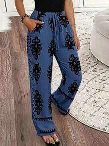 Pantalones Largos Casuales de Mujer FDHE con Cordones Laterales y Efecto Denim Sólido para Otoño - Azul 4 - Ver 3