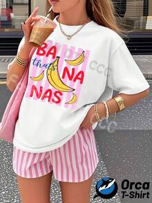 Premiumy2k Women's Personalized And Fashionable T-Shirt, 100% Cotton 180g, Loose Short Sleeve, Urban Style Elegance, Breathable For Casual Daily Wear, Creative Summer Print, Gift For Outdoor Sports, Pink Banana Design With Funny Text, Playful And Cute Style, Suitable For Summer Outfits, . - 白色 - 查看 7