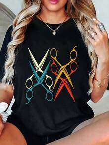 Women's T-Shirt With Retro Barber Scissors Print - Unisex Urban Vintage Style, Round Neck, Short Sleeve, 100% Pure Cotton - 黑色 - 查看 1