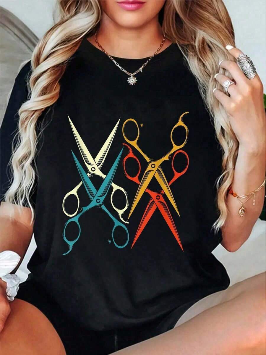 Women's T-Shirt With Retro Barber Scissors Print - Unisex Urban Vintage Style, Round Neck, Short Sleeve, 100% Pure Cotton - 黑色 - 查看 1