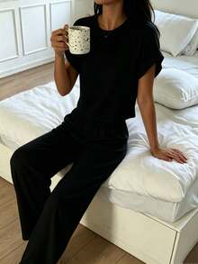 Conjunto de mujer de punto gris para el hogar, top y pantalones casuales simples y de moda para el día a día - Negro - Ver 4
