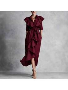 Vestido largo por debajo de la rodilla con cordón, corte holgado favorecedor, botonadura sencilla y volantes, nueva colección primavera-verano 2026 - Burdeos - Ver 4