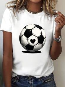 Mujer002|1pc|Envío desde la localidad|Camiseta casual de manga corta con diseño de balón de fútbol en forma de corazón perfecta para primavera y verano diseñada para mujer - Blanco - Ver 5