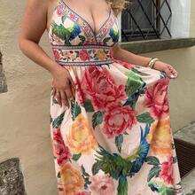 Women's V-Neck Maxi Woven Dress With Floral Print, For Spring/Summer Resort,Summer Outfits For Women,Beachwear,Easter,Beach Outfits For Woman,Spring Break,Vacation Outfits Women,Concert Outfit Women,BOHO,Music Festival,Tropical Vacation Woman Clothes,Romantic,Summer Dresses For Women - Multicolor - Ver 4